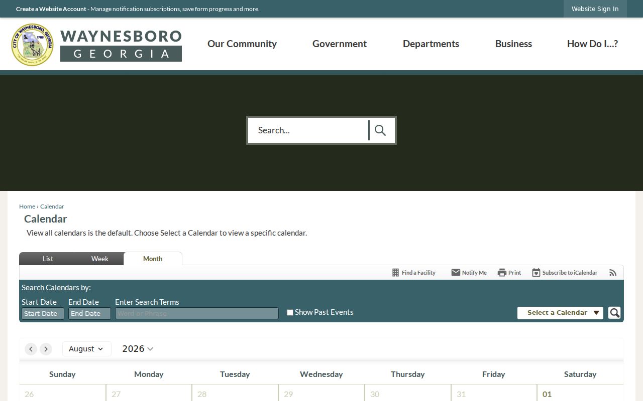 Waynesboro city calendar filters and month list and week views