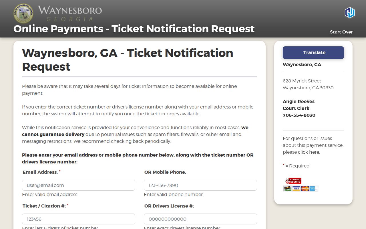 Waynesboro ticket notification form fields